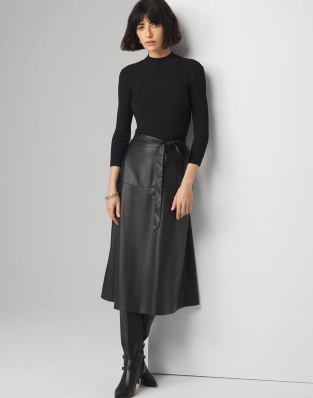 White House Black Market 3/4 Sleeve Faux Leather Black Midi Dress Size 12